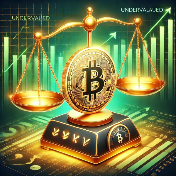 DALL·E 2024-12-23 13.46.27 - A digital financial-themed artwork showcasing Bitcoin as undervalued, represented by a glowing Bitcoin coin sitting on a balance scale tipped towards .jpeg