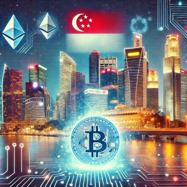 DALL·E 2024-12-24 18.19.30 - A symbolic illustration depicting Singapore outpacing Hong Kong in cryptocurrency adoption. The scene shows a futuristic cityscape of Singapore with d.jpg