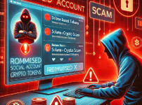 DALL·E 2024-12-24 18.55.22 - A digital illustration of a hacked social media account pushing Solana-based crypto scam tokens. The scene includes a compromised X account screen sho.jpg