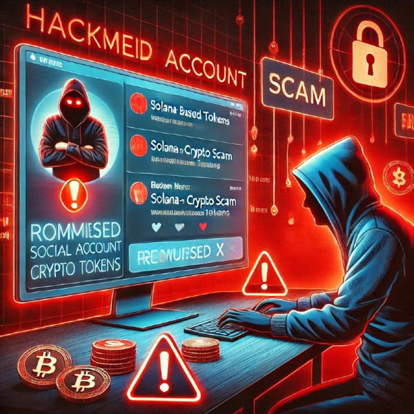 DALL·E 2024-12-24 18.55.22 - A digital illustration of a hacked social media account pushing Solana-based crypto scam tokens. The scene includes a compromised X account screen sho.jpg