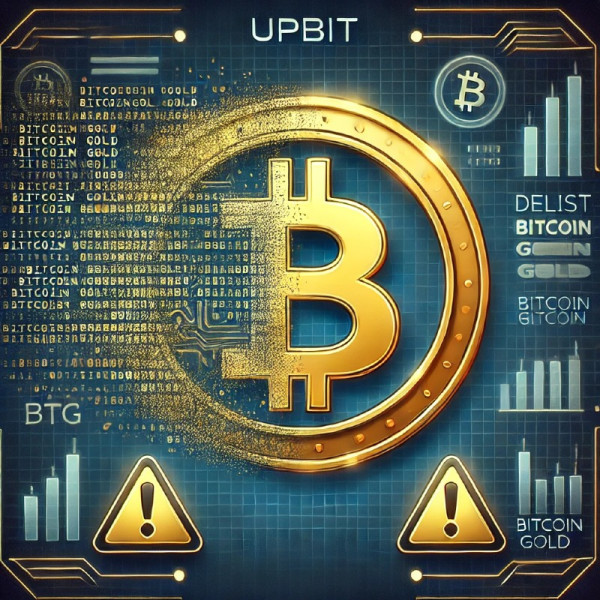 DALL·E 2024-12-24 19.43.14 - An illustration representing Upbits announcement to delist Bitcoin Gold (BTG) due to trading caution. The image features the Bitcoin Gold logo fading.jpg