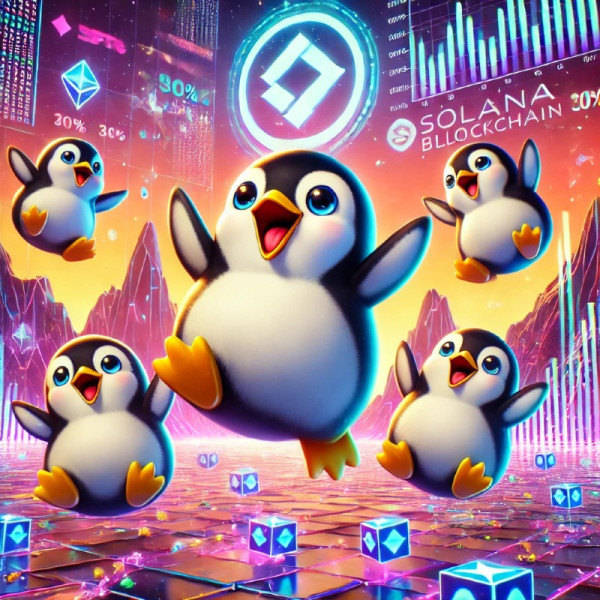 DALL·E 2024-12-25 15.55.29 - A vibrant and dynamic image featuring Pudgy Penguins, a popular NFT collection, soaring in excitement. The scene includes a group of cartoonish, color.jpg