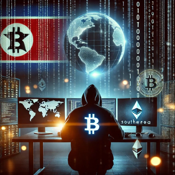 DALL·E 2024-12-26 18.21.45 - A dramatic illustration representing cyber warfare and cryptocurrency theft, featuring a shadowy hacker figure in a dark room lit by computer screens .jpg