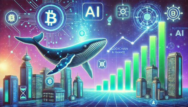 DALL·E 2024-12-27 20.54.49 - A futuristic financial and AI ecosystem-themed illustration, showing a large whale holding glowing digital tokens in a decentralized finance environme.jpg