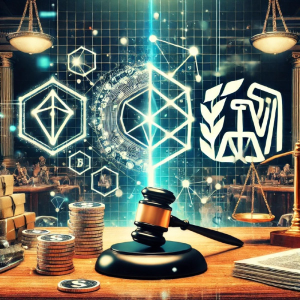 DALL·E 2024-12-28 22.02.46 - A visually striking image symbolizing a conflict between decentralized finance (DeFi) and government taxation, featuring a DeFi logo surrounded by blo.jpg