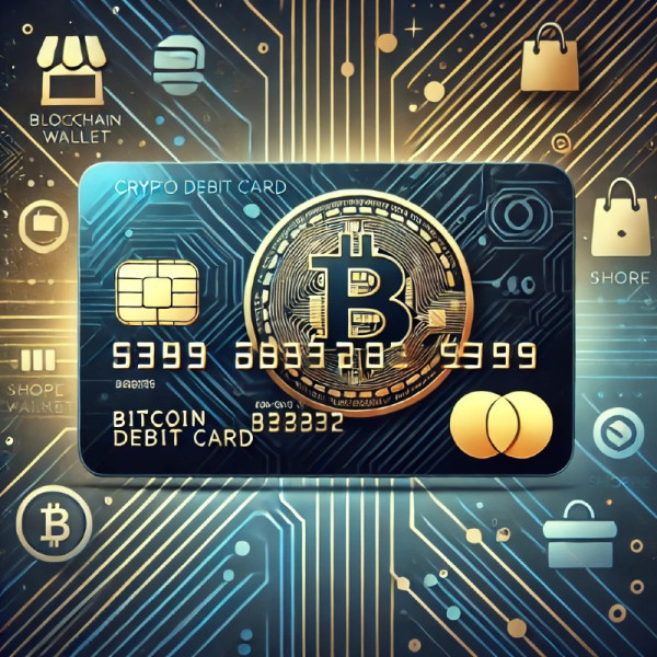 DALL·E 2024-12-29 23.03.33 - A modern and visually appealing illustration of a crypto debit card. The card features a sleek design with a Bitcoin logo and digital patterns, symbol.jpg