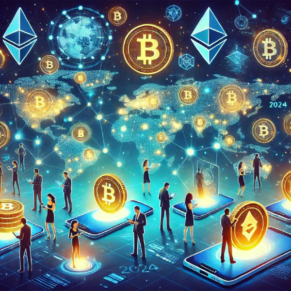 DALL·E 2024-12-29 23.18.00 - A futuristic digital illustration showcasing the growth of cryptocurrency adoption in 2024. The scene features vibrant blockchain networks, digital co.jpg