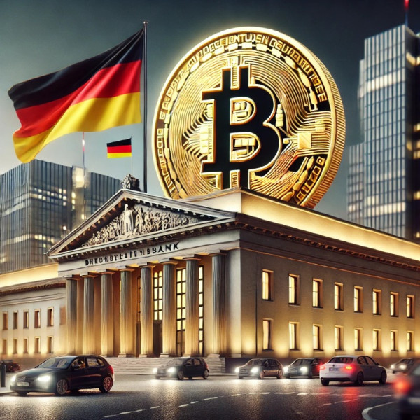 DALL·E 2024-12-30 21.05.21 - An image of the German central bank building with a Bitcoin symbol prominently displayed above it, symbolizing the potential adoption of Bitcoin as a .jpg