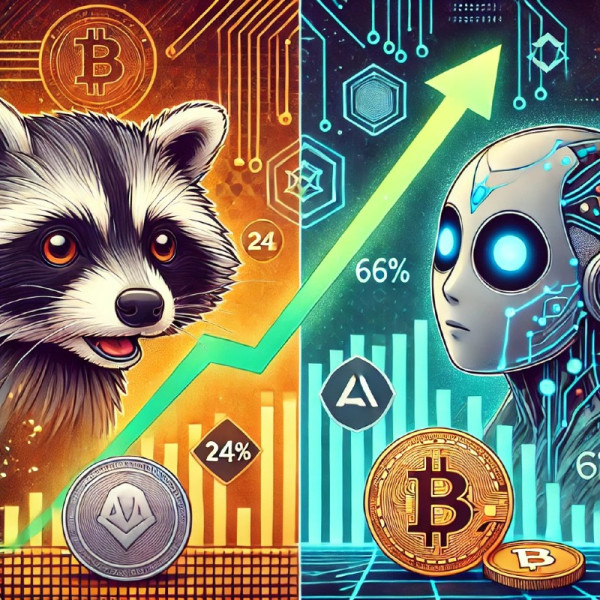 DALL·E 2024-12-30 22.42.13 - A split-screen illustration representing the contrast between two cryptocurrency tokens. On one side, a raccoon-themed meme coin with a playful and co.jpg