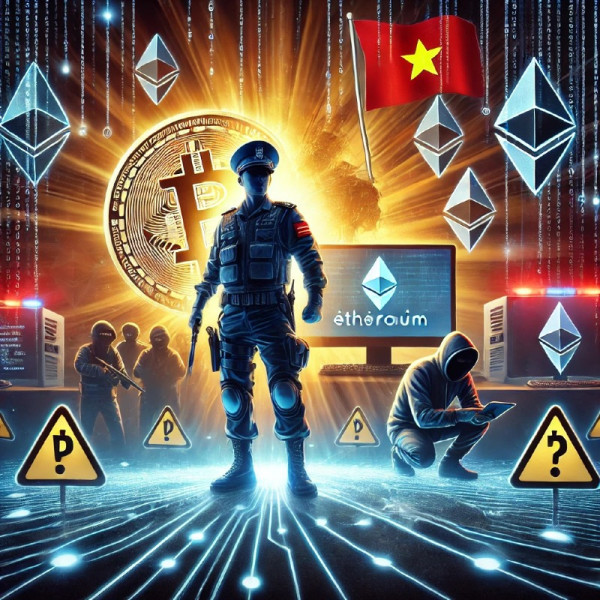 DALL·E 2024-12-30 22.58.38 - A dramatic illustration depicting a Vietnamese police officer thwarting a cybercrime operation. The scene shows a digital network with symbols of cryp.jpg