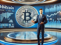 DALL·E 2024-12-30 23.04.43 - A professional news anchor in a modern studio, standing next to a large screen displaying a Bitcoin logo and market charts. The studio is sleek with b.jpg