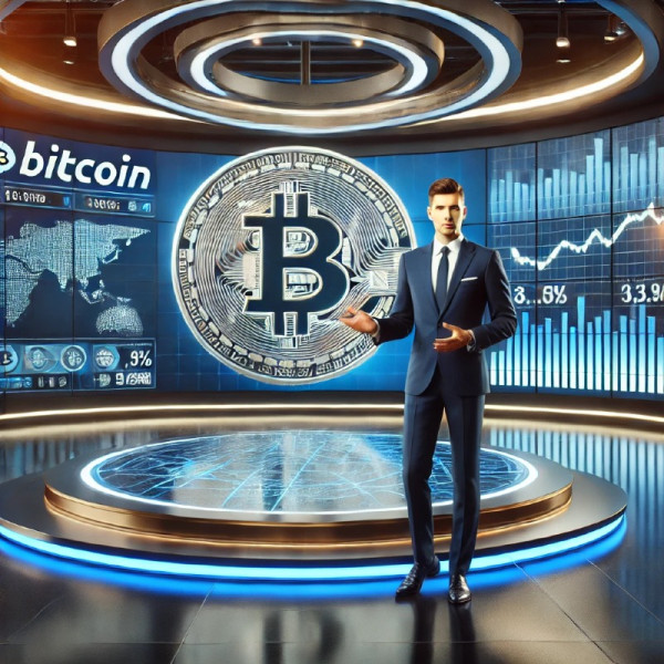 DALL·E 2024-12-30 23.04.43 - A professional news anchor in a modern studio, standing next to a large screen displaying a Bitcoin logo and market charts. The studio is sleek with b.jpg