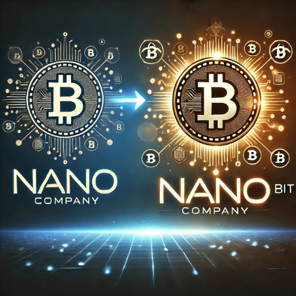 DALL·E 2024-12-31 19.24.46 - A sleek and modern illustration of a tech company rebranding, featuring a logo transformation to Nano Bit. The design includes Bitcoin symbols and a.jpg